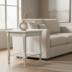 Belmont Rattan Side Table – White Wood & Organic Woven Texture (60cm)