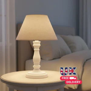 Cyrene Table Lamp – White Wooden Base with Oatmeal Linen Shade