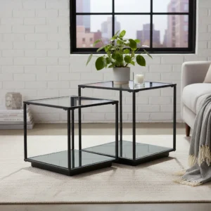 Lennox Black Framed Set of 2 Side Tables – Industrial Nesting Metal & Glass Tables