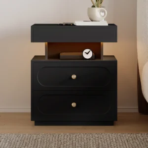 Krila Floating 3-Drawer LED Smart Nightstand – Sleek Black with Integrated Charging