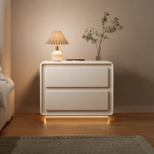 Smart Modern Nightstand – Off-White MDF with Wireless Charging & LED Glow