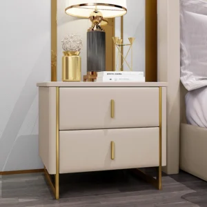 Modern Beige 2-Drawer Faux Leather Nightstand with Gold Frame
