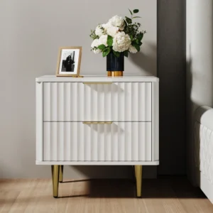 Modern 2-Drawer Nightstand with Gold Metal Legs – White