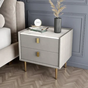 Sintered Stone Top 2-Drawer Faux Leather Nightstand – Light Grey