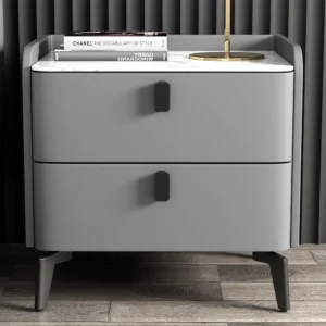 Sintered Stone Top 2-Drawer Faux Leather Nightstand – Grey
