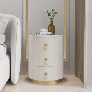 Sintered Stone Top 3-Drawer Round Velvet Nightstand – White