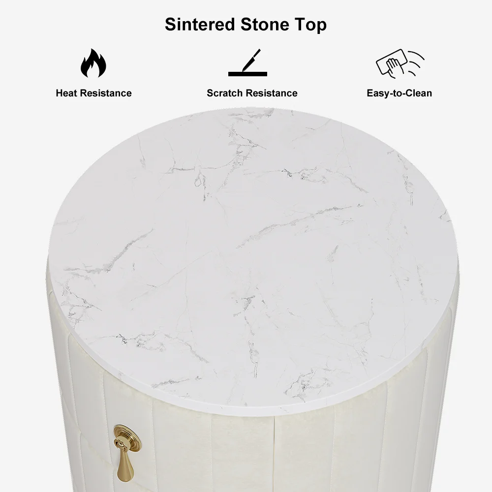 Sintered Stone Top 3-Drawer Round Velvet Nightstand – White - Image 5