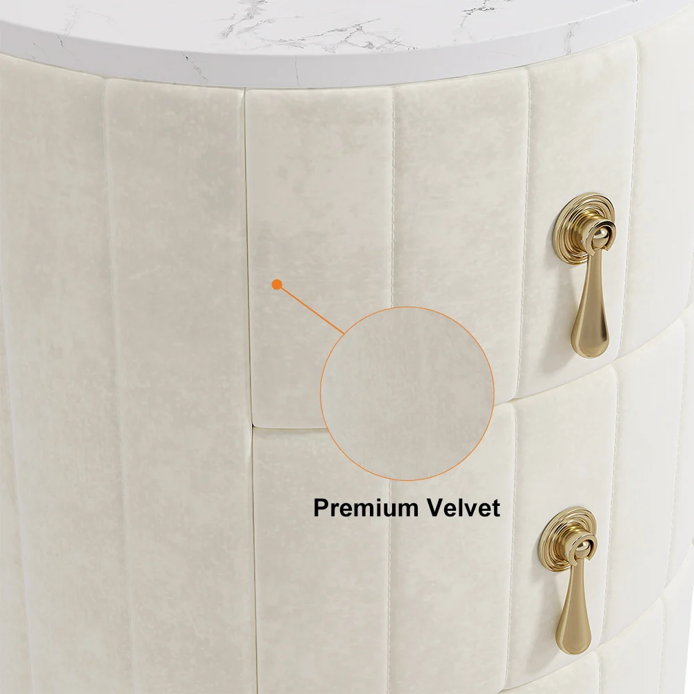 Sintered Stone Top 3-Drawer Round Velvet Nightstand – White - Image 4