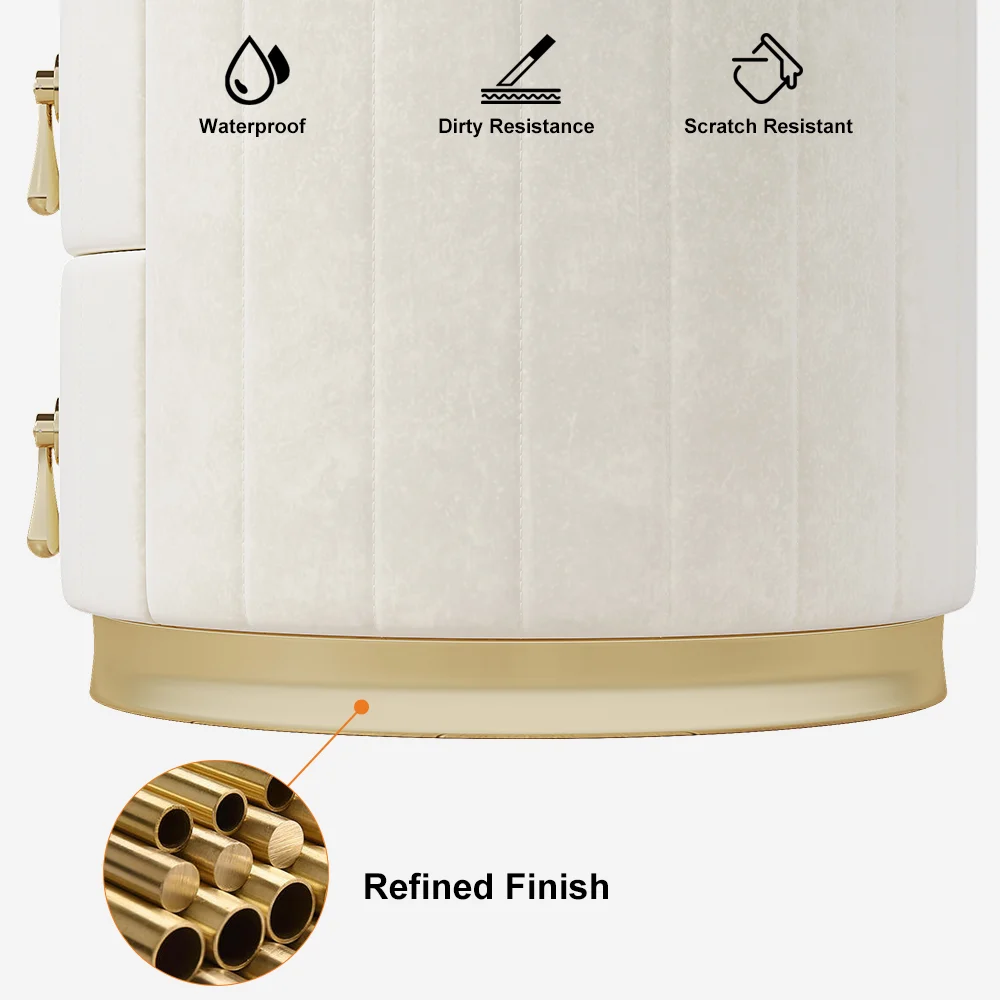 Sintered Stone Top 3-Drawer Round Velvet Nightstand – White - Image 3