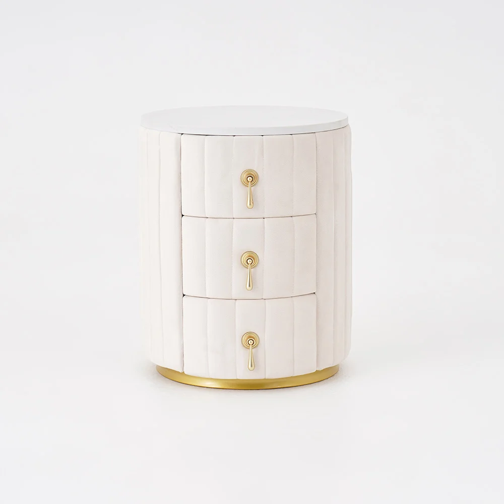 Sintered Stone Top 3-Drawer Round Velvet Nightstand – White - Image 2