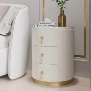 Luxury Round Velvet Nightstand – Sintered Stone Top & Gold Accents