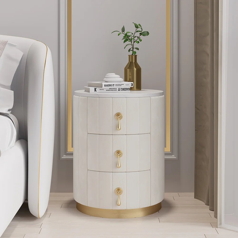 Sintered Stone Top 3-Drawer Round Velvet Nightstand – White