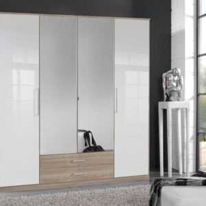 Anzo White Gloss And Oak Effect 4 Door Wardrobe - 2968
