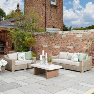 Capri Collection Outdoor Two Seater Sofa Weather-defiant HDPE wicker sofa with quick-dry Olefin cushions. Rust-proof aluminum frame with eco-friendly wood feet. Low-maintenance design perfect for year-round use. No-rust aluminum construction Fast-drying, fade-resistant fabric Weather-resistant wicker weave Code: 22953 Dimensions: 92L x 150W x 70H