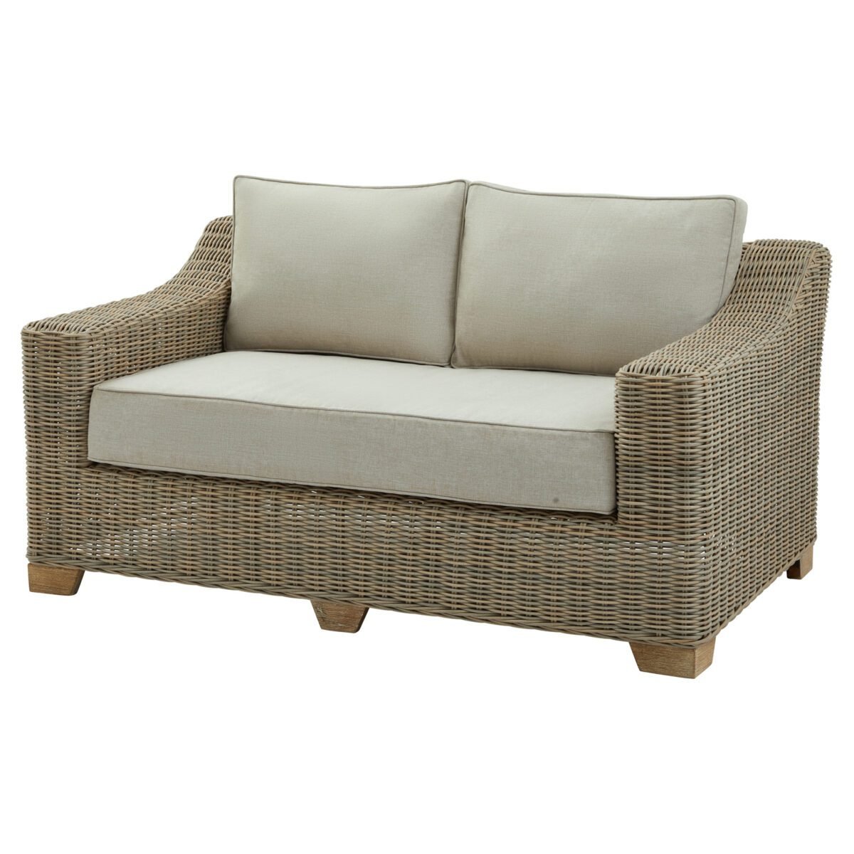 Capri Collection Outdoor Two Seater Sofa Weather-defiant HDPE wicker sofa with quick-dry Olefin cushions. Rust-proof aluminum frame with eco-friendly wood feet. Low-maintenance design perfect for year-round use. No-rust aluminum construction Fast-drying, fade-resistant fabric Weather-resistant wicker weave Code: 22953 Dimensions: 92L x 150W x 70H