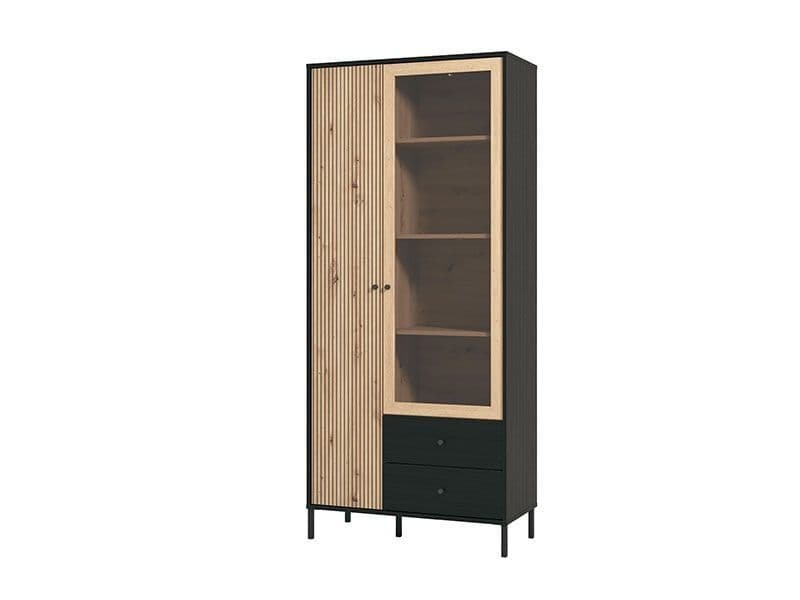 Clifton Slatted Artisan Oak Effect And Black 2 Door Display Cabinet - 11013529