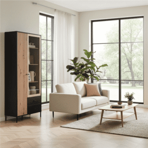 Clifton Slatted Artisan Oak Effect And Black 2 Door Display Cabinet - 11013529