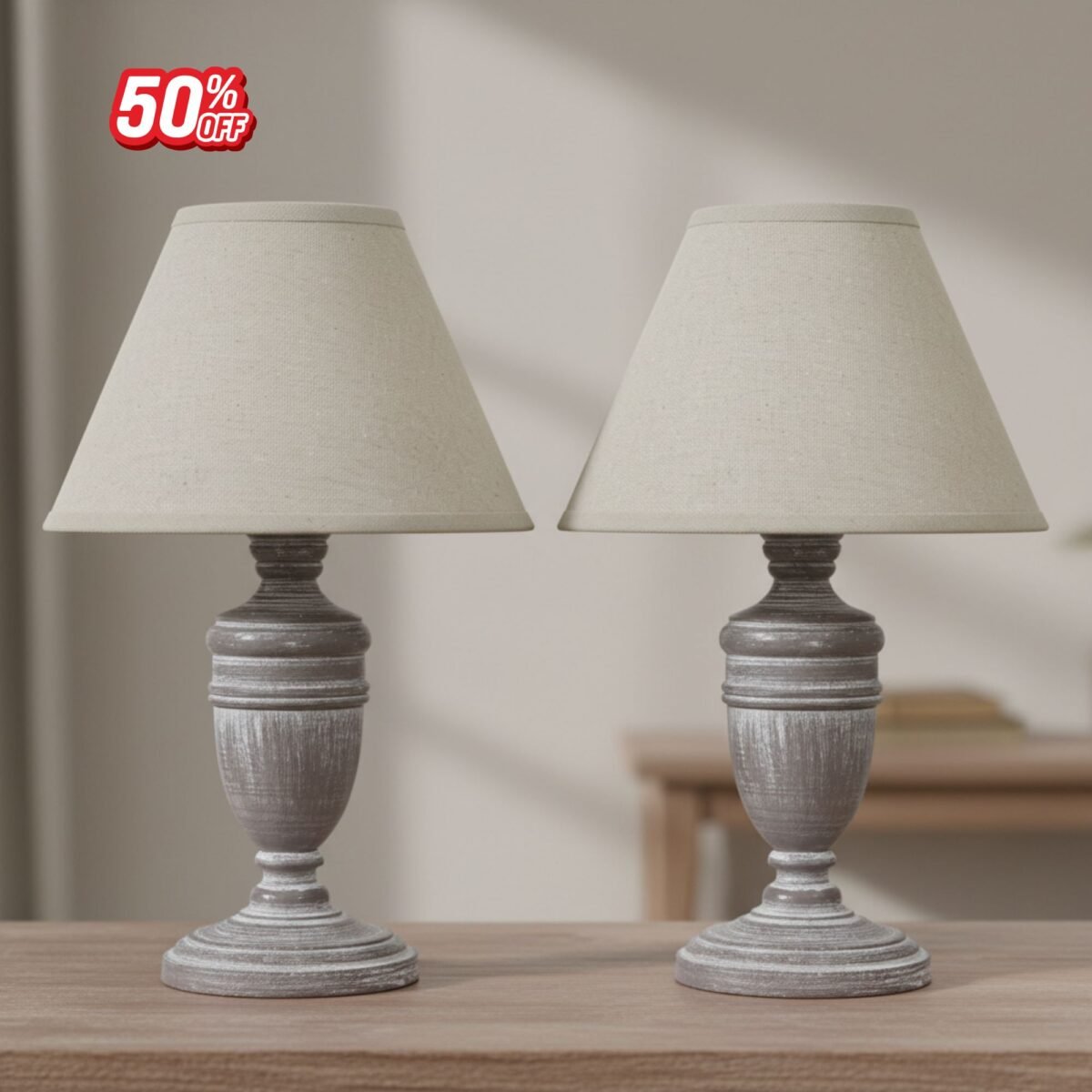Rustic Wooden Urn Table Lamp with Linen Shade – Bedside Light UK | Prime Gallery - Image 2
