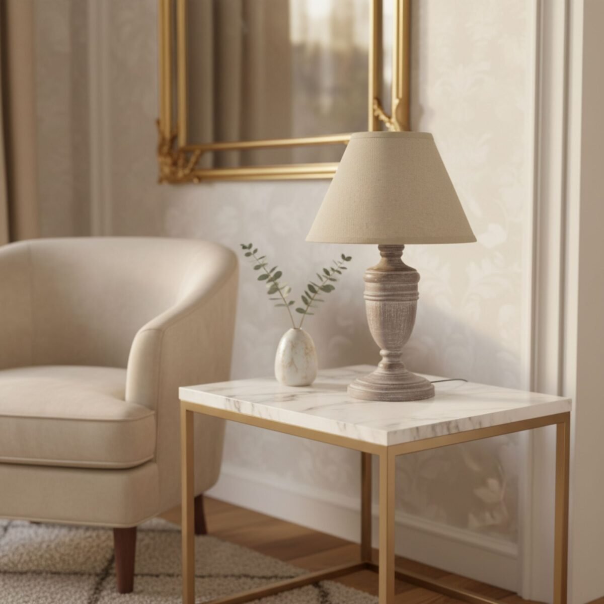 Rustic Wooden Urn Table Lamp with Linen Shade – Bedside Light UK | Prime Gallery - Image 3