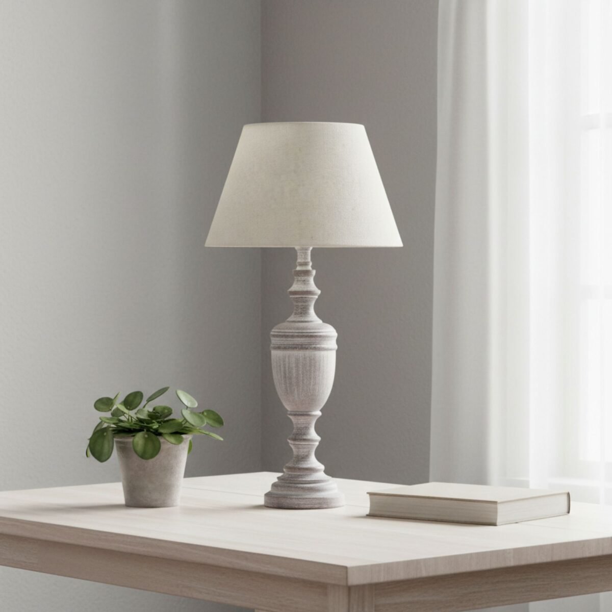 Rustic Wooden Urn Table Lamp with Linen Shade – Bedside lamps UK | Prime Gallery - Image 3